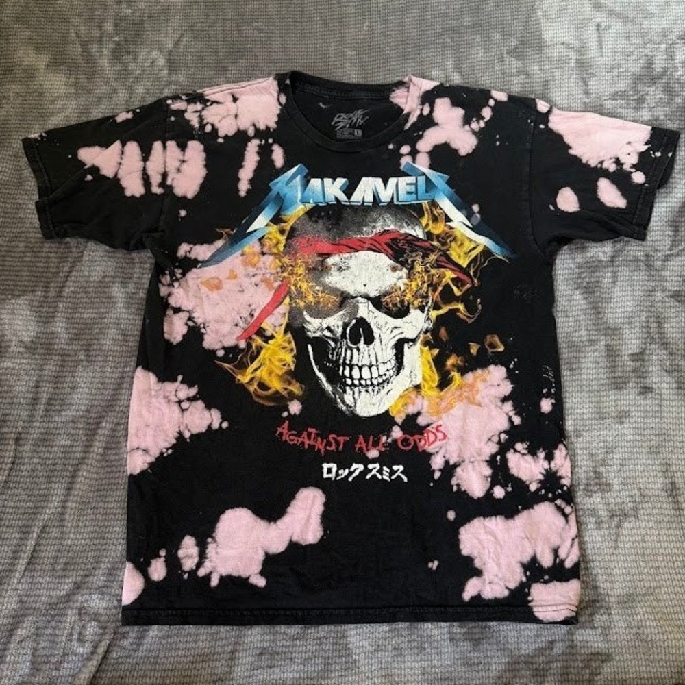 Rocksmith Makaveli Against All Odds Skull Graphic Pink‎ Acid Wash T-Shirt Large